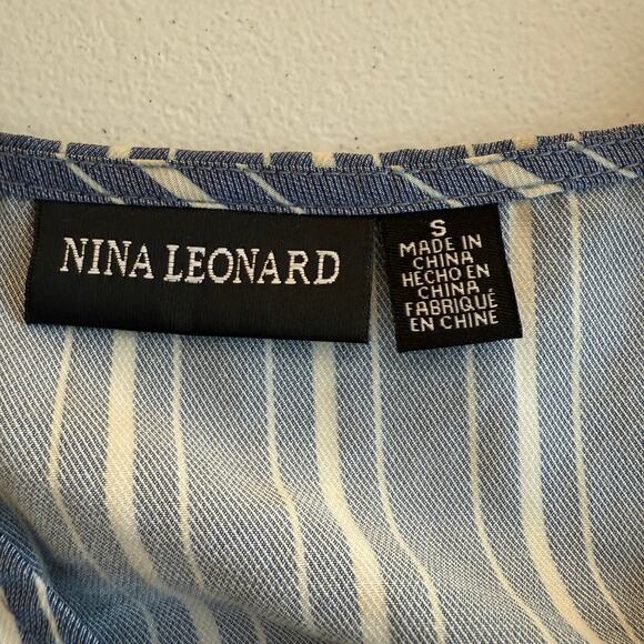 Nina Leonard Top Women Small Chambray Blue White Striped Short Sleeve Faux Wrap - Picture 3 of 10